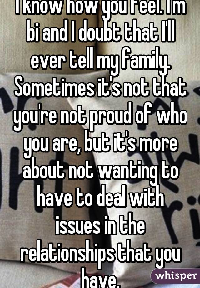 I know how you feel. I'm bi and I doubt that I'll ever tell my family. Sometimes it's not that you're not proud of who you are, but it's more about not wanting to have to deal with issues in the relationships that you have.