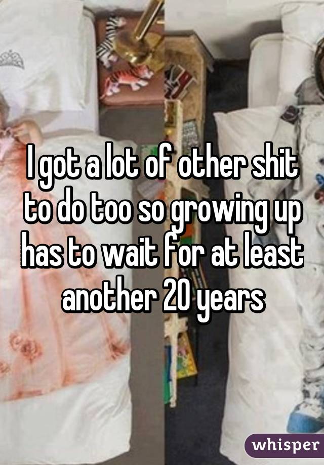 I got a lot of other shit to do too so growing up has to wait for at least another 20 years