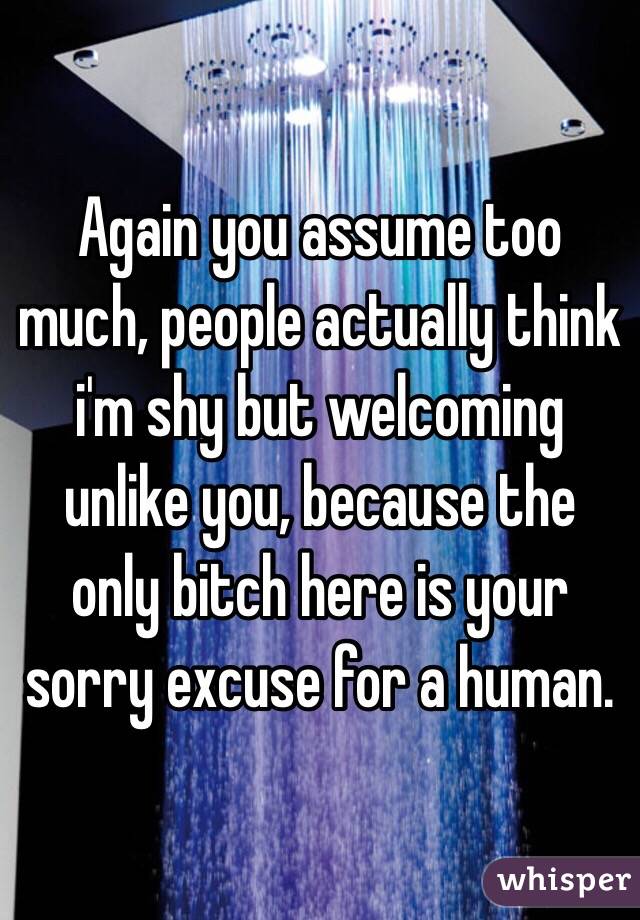 Again you assume too much, people actually think i'm shy but welcoming unlike you, because the only bitch here is your sorry excuse for a human.
