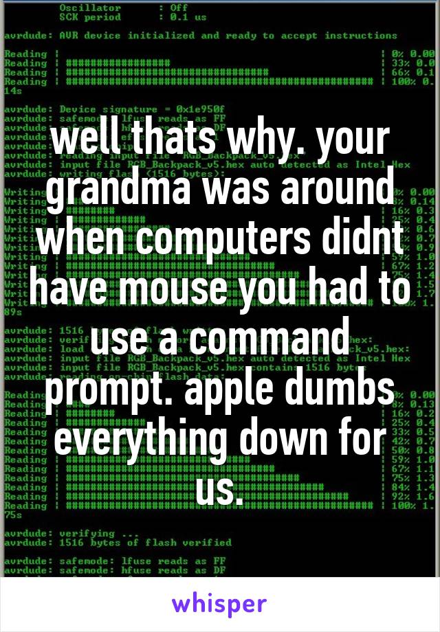 well thats why. your grandma was around when computers didnt have mouse you had to use a command prompt. apple dumbs everything down for us.