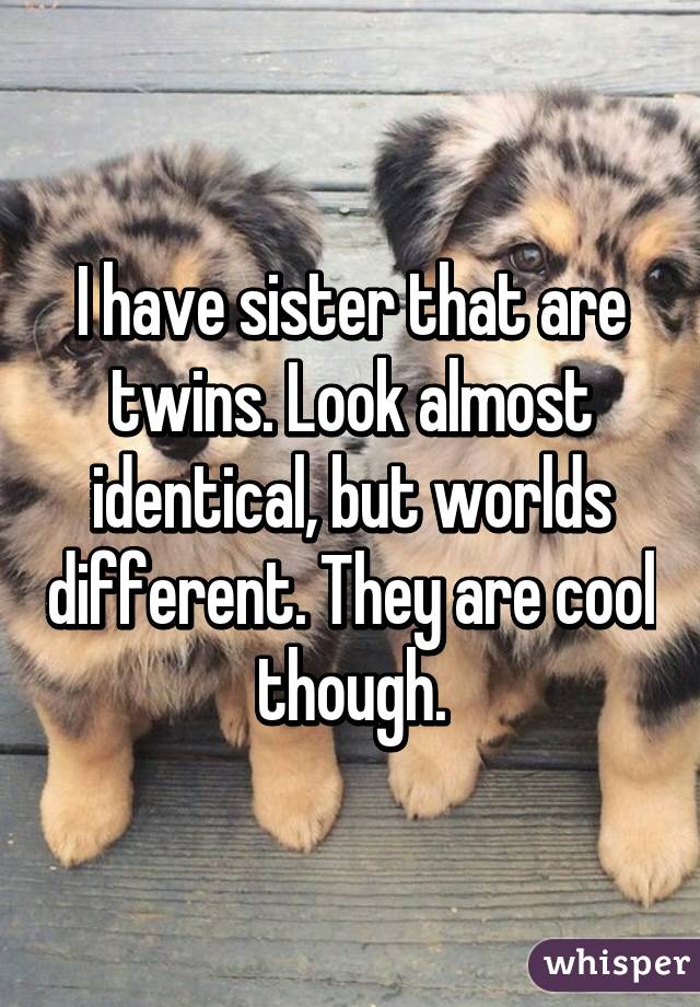 I have sister that are twins. Look almost identical, but worlds different. They are cool though.