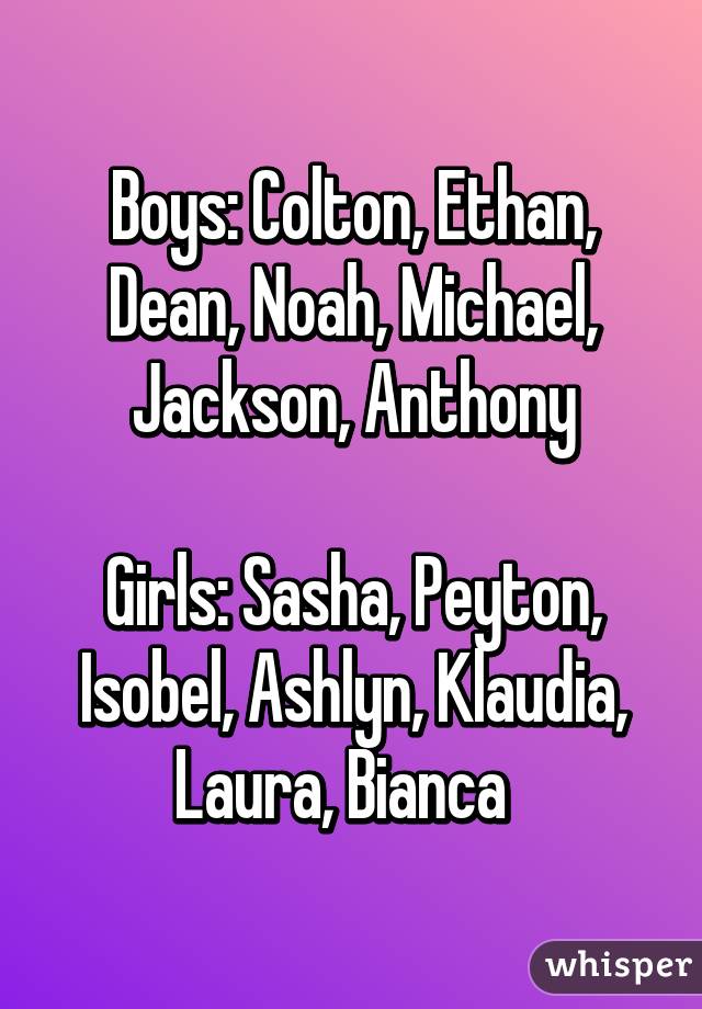 Boys: Colton, Ethan, Dean, Noah, Michael, Jackson, Anthony

Girls: Sasha, Peyton, Isobel, Ashlyn, Klaudia, Laura, Bianca  