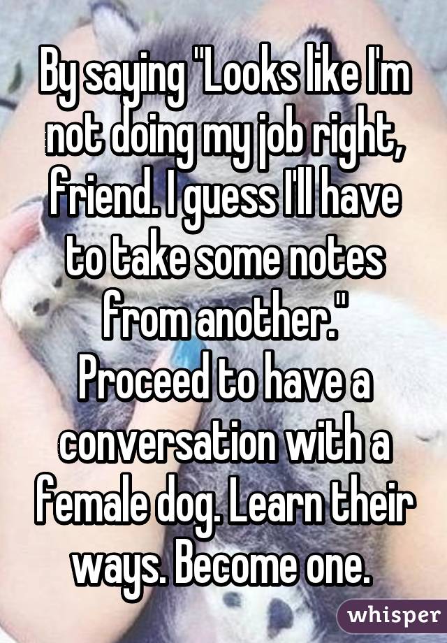 By saying "Looks like I'm not doing my job right, friend. I guess I'll have to take some notes from another."
Proceed to have a conversation with a female dog. Learn their ways. Become one. 
