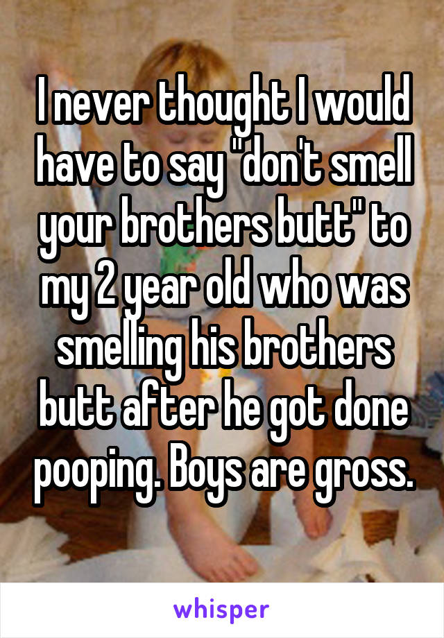 I never thought I would have to say "don't smell your brothers butt" to my 2 year old who was smelling his brothers butt after he got done pooping. Boys are gross. 