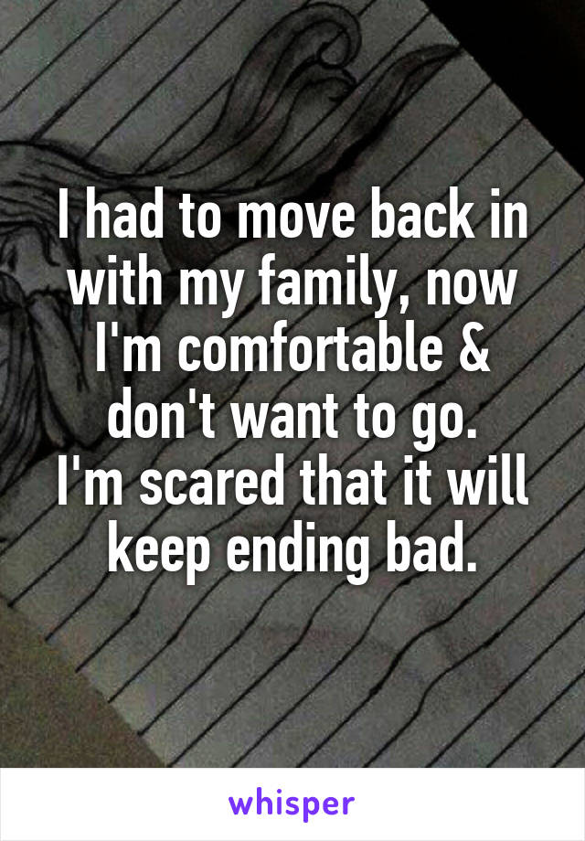I had to move back in with my family, now I'm comfortable & don't want to go.
I'm scared that it will keep ending bad.
