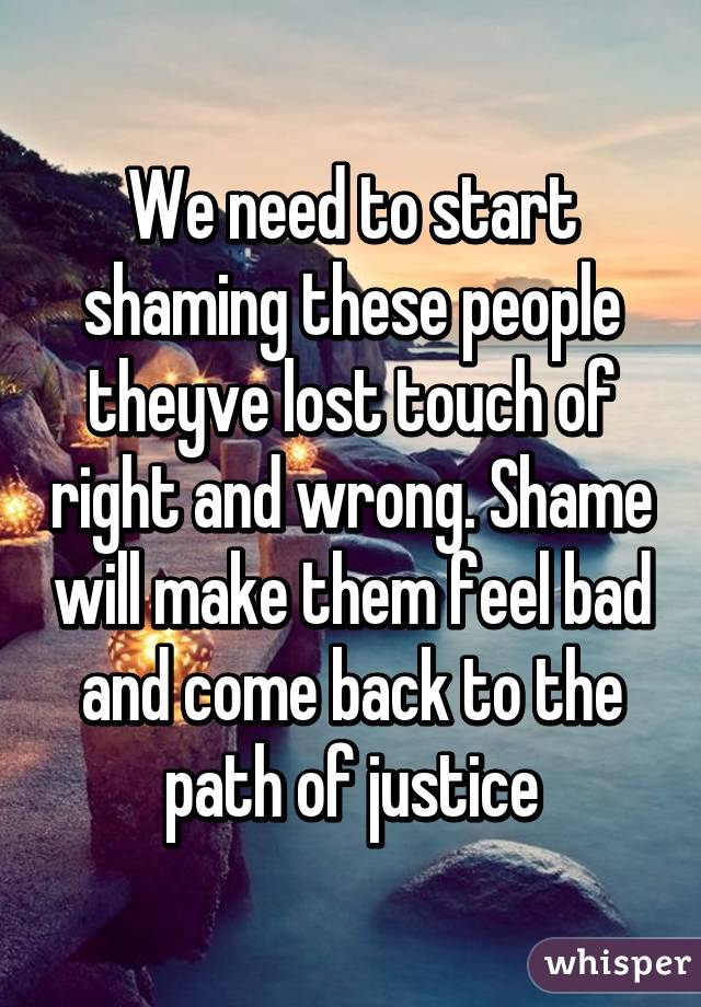 We need to start shaming these people theyve lost touch of right and wrong. Shame will make them feel bad and come back to the path of justice