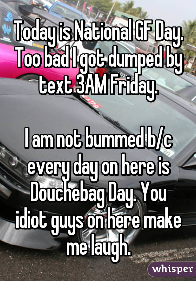 Today is National GF Day. Too bad I got dumped by text 3AM Friday.

I am not bummed b/c every day on here is Douchebag Day. You idiot guys on here make me laugh.