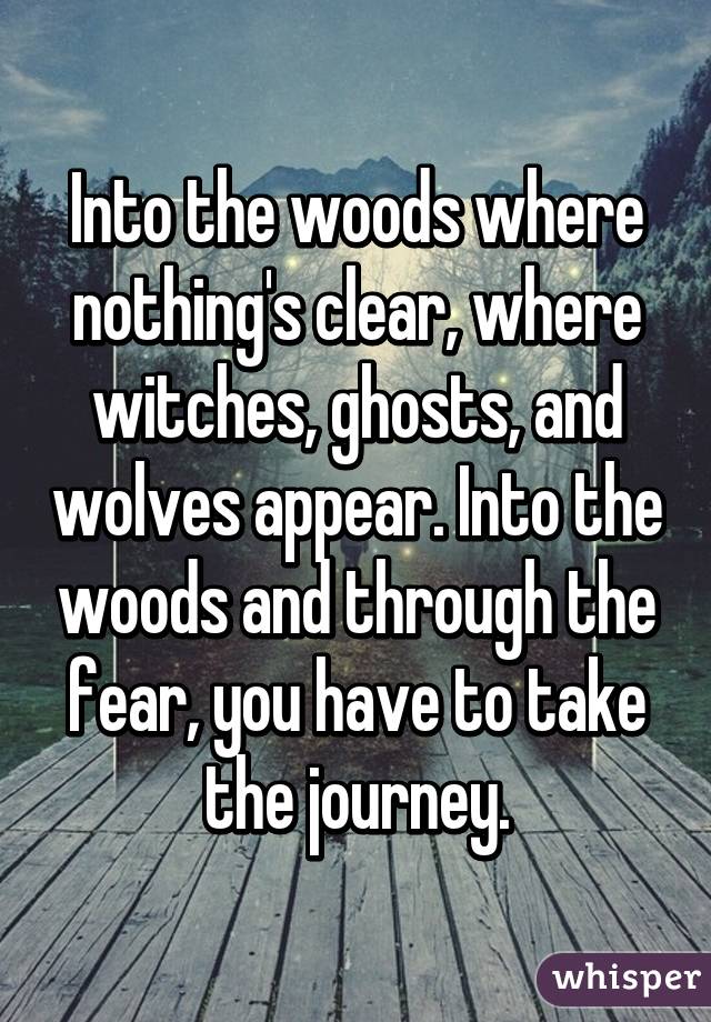 Into the woods where nothing's clear, where witches, ghosts, and wolves appear. Into the woods and through the fear, you have to take the journey.