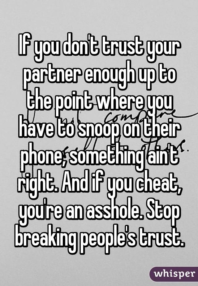 If you don't trust your partner enough up to the point where you have to snoop on their phone, something ain't right. And if you cheat, you're an asshole. Stop breaking people's trust.