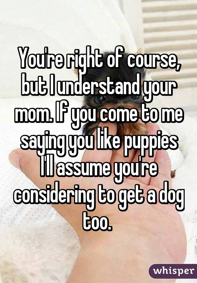 You're right of course, but I understand your mom. If you come to me saying you like puppies I'll assume you're considering to get a dog too. 