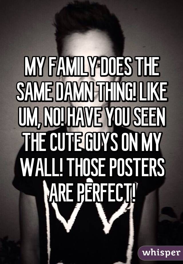 MY FAMILY DOES THE SAME DAMN THING! LIKE UM, NO! HAVE YOU SEEN THE CUTE GUYS ON MY WALL! THOSE POSTERS ARE PERFECT!