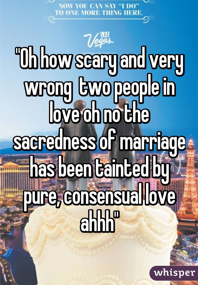 "Oh how scary and very wrong  two people in love oh no the sacredness of marriage has been tainted by pure, consensual love ahhh"