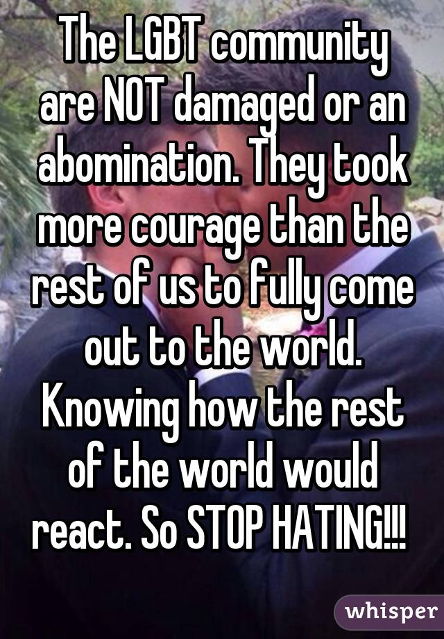 The LGBT community are NOT damaged or an abomination. They took more courage than the rest of us to fully come out to the world. Knowing how the rest of the world would react. So STOP HATING!!!  