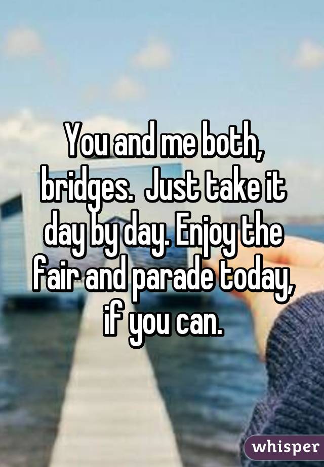 You and me both, bridges.  Just take it day by day. Enjoy the fair and parade today, if you can.