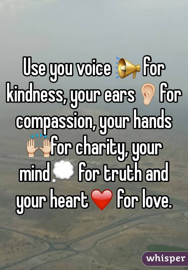 Use you voice 📢 for kindness, your ears👂for compassion, your hands 🙌for charity, your mind💭 for truth and your heart❤️ for love.