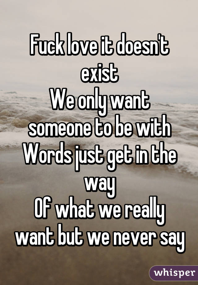 Fuck love it doesn't exist
We only want someone to be with
Words just get in the way
Of what we really want but we never say