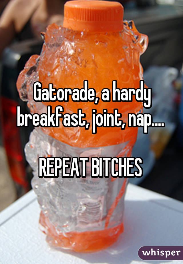 Gatorade, a hardy breakfast, joint, nap.... 

REPEAT BITCHES 