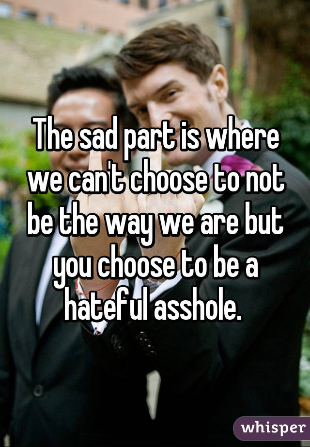 The sad part is where we can't choose to not be the way we are but you choose to be a hateful asshole. 