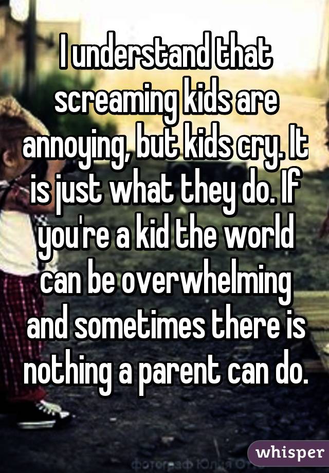 I understand that screaming kids are annoying, but kids cry. It is just what they do. If you're a kid the world can be overwhelming and sometimes there is nothing a parent can do. 