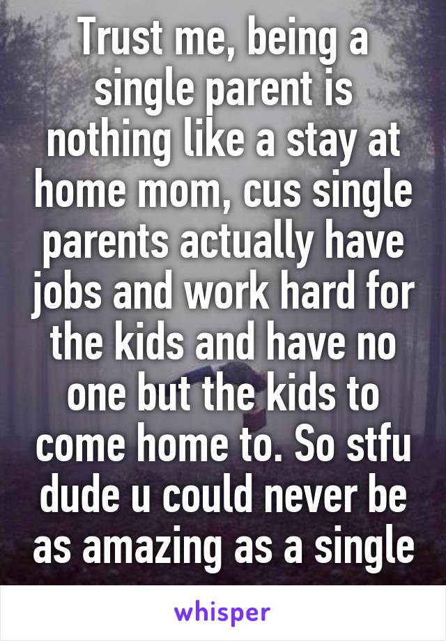 Trust me, being a single parent is nothing like a stay at home mom, cus single parents actually have jobs and work hard for the kids and have no one but the kids to come home to. So stfu dude u could never be as amazing as a single mom. 
