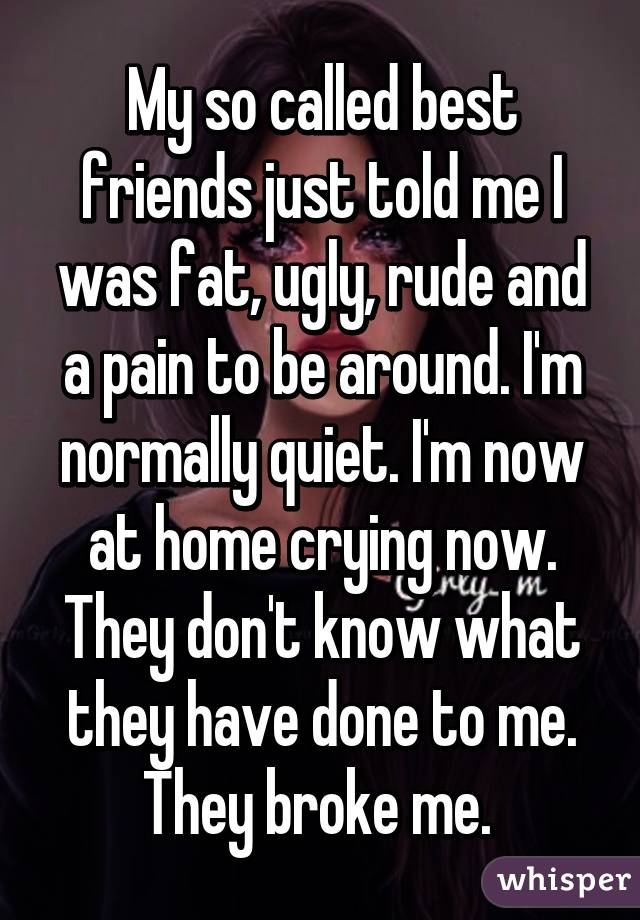 My so called best friends just told me I was fat, ugly, rude and a pain to be around. I'm normally quiet. I'm now at home crying now. They don't know what they have done to me. They broke me. 