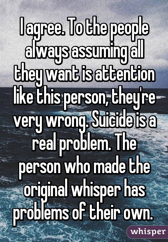 I agree. To the people always assuming all they want is attention like this person, they're very wrong. Suicide is a real problem. The person who made the original whisper has problems of their own. 