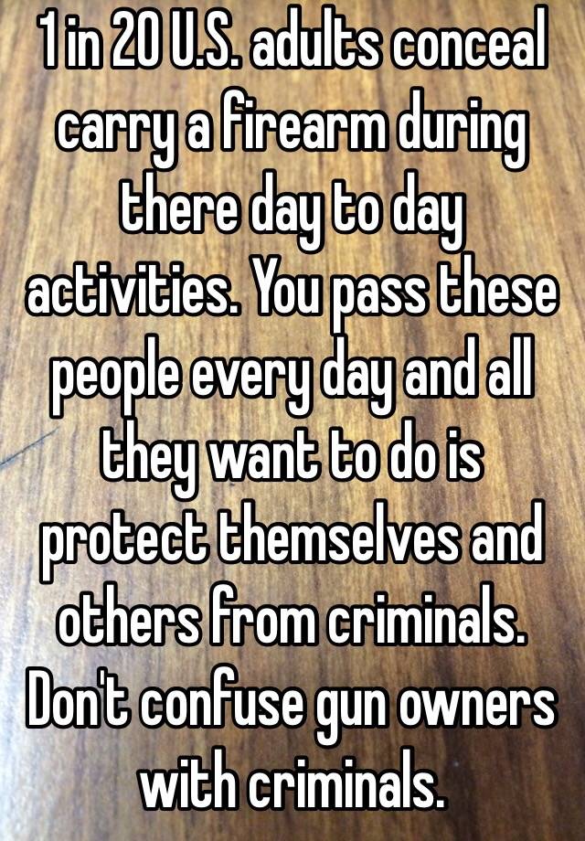 1 in 20 U.S. adults conceal carry a firearm during there day to day activities. You pass these people every day and all they want to do is protect themselves and others from criminals. Don't confuse gun owners with criminals.