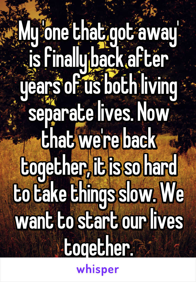 My 'one that got away' is finally back after years of us both living separate lives. Now that we're back together, it is so hard to take things slow. We want to start our lives together.