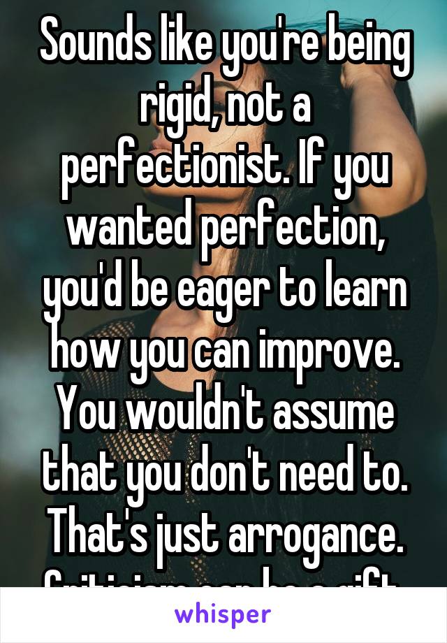 Sounds like you're being rigid, not a perfectionist. If you wanted perfection, you'd be eager to learn how you can improve. You wouldn't assume that you don't need to. That's just arrogance. Criticism can be a gift.