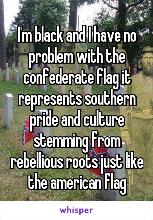 I'm black and I have no problem with the confederate flag it represents southern pride and culture stemming from rebellious roots just like the american flag
