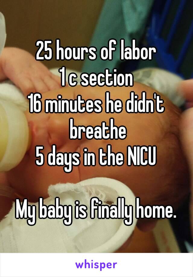 25 hours of labor
1 c section
16 minutes he didn't breathe
5 days in the NICU

My baby is finally home.