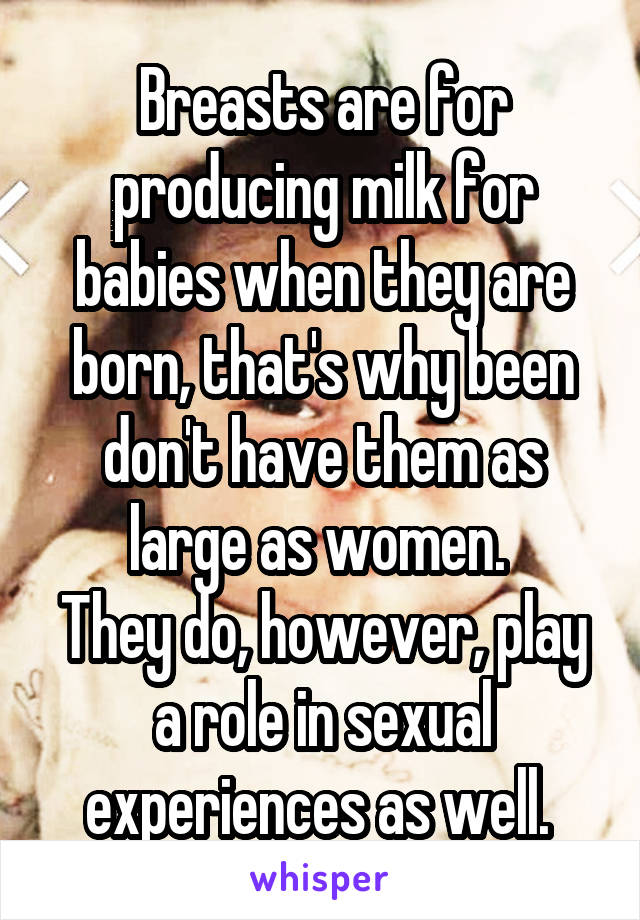 Breasts are for producing milk for babies when they are born, that's why been don't have them as large as women. 
They do, however, play a role in sexual experiences as well. 