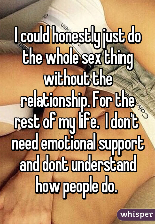 I could honestly just do the whole sex thing without the relationship. For the rest of my life.  I don't  need emotional support and dont understand how people do. 