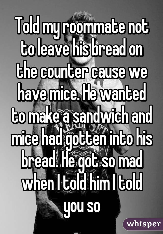 Told my roommate not to leave his bread on the counter cause we have mice. He wanted to make a sandwich and mice had gotten into his bread. He got so mad when I told him I told you so