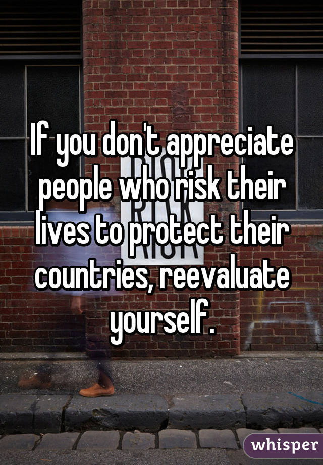 If you don't appreciate people who risk their lives to protect their countries, reevaluate yourself.