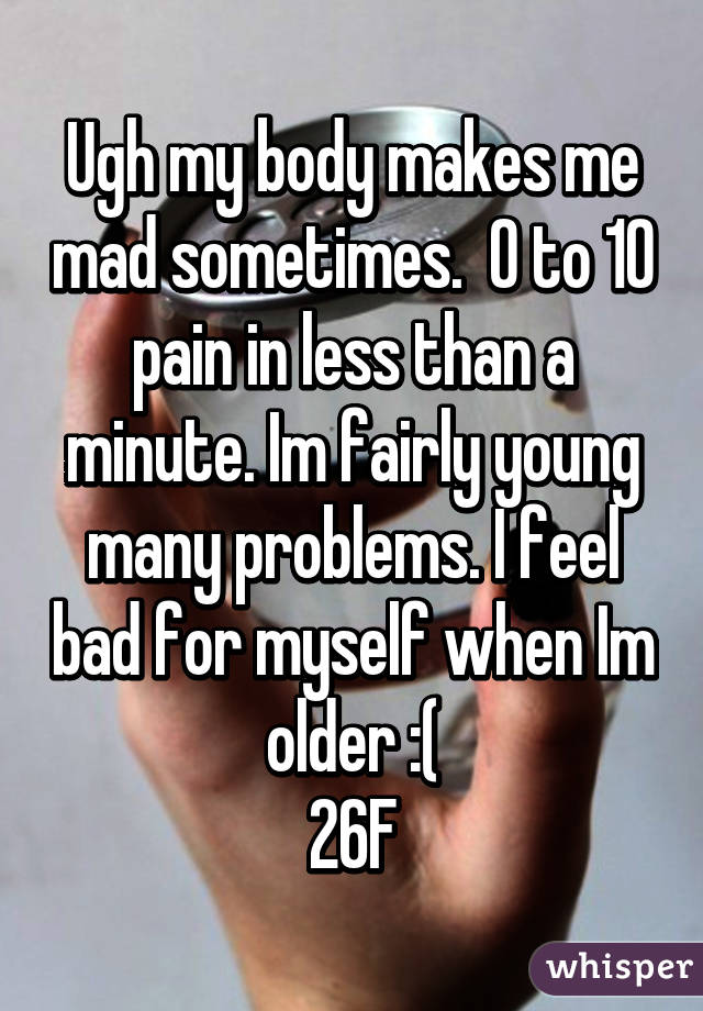 Ugh my body makes me mad sometimes.  0 to 10 pain in less than a minute. Im fairly young many problems. I feel bad for myself when Im older :(
26F