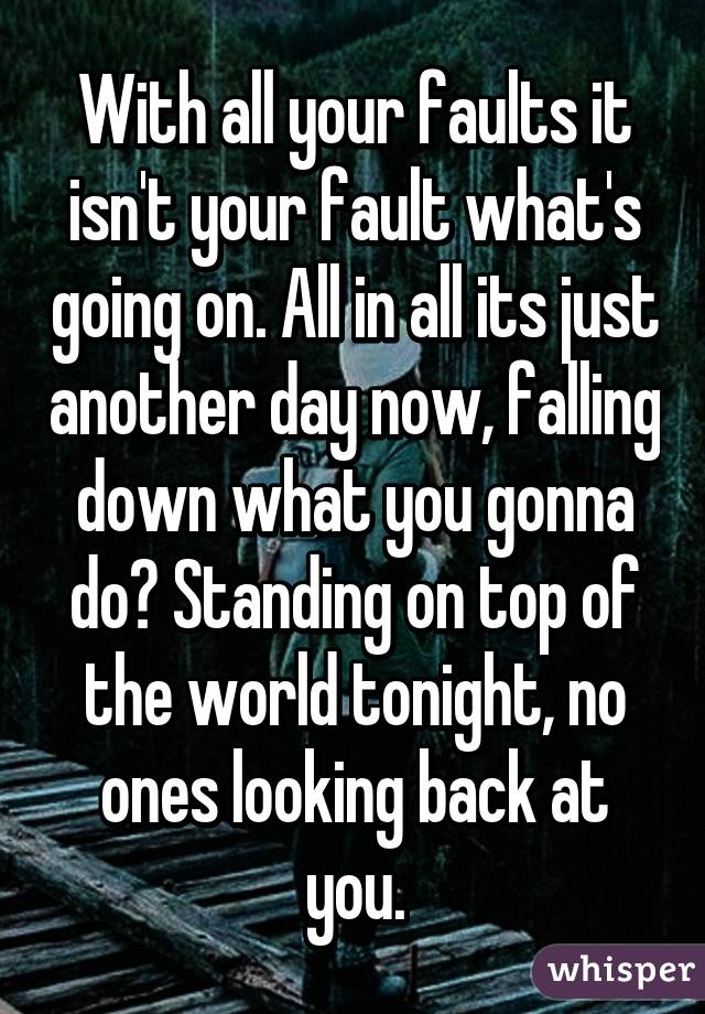 With all your faults it isn't your fault what's going on. All in all its just another day now, falling down what you gonna do? Standing on top of the world tonight, no ones looking back at you.