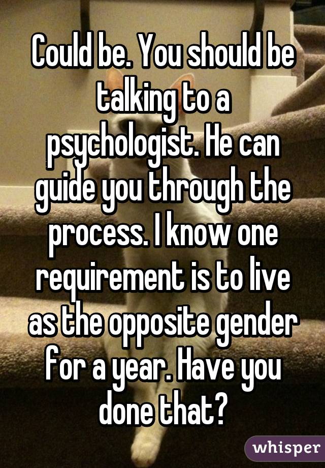 Could be. You should be talking to a psychologist. He can guide you through the process. I know one requirement is to live as the opposite gender for a year. Have you done that?