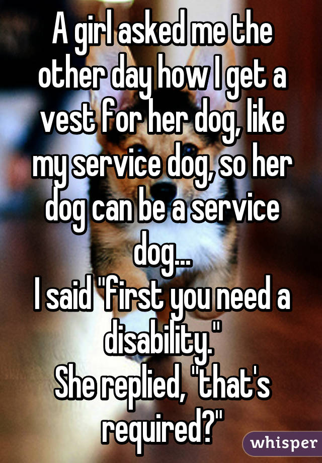 A girl asked me the other day how I get a vest for her dog, like my service dog, so her dog can be a service dog...
I said "first you need a disability."
She replied, "that's required?"