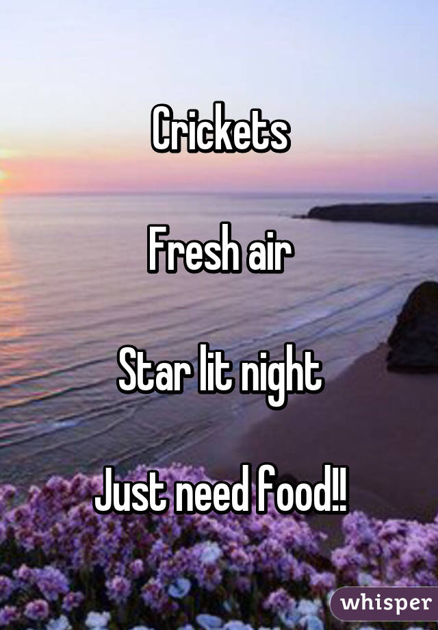 Crickets

Fresh air

Star lit night

Just need food!!