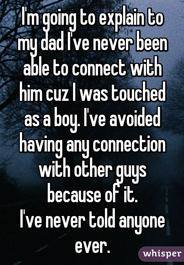 I'm going to explain to my dad I've never been able to connect with him cuz I was touched as a boy. I've avoided having any connection with other guys because of it.
I've never told anyone ever.