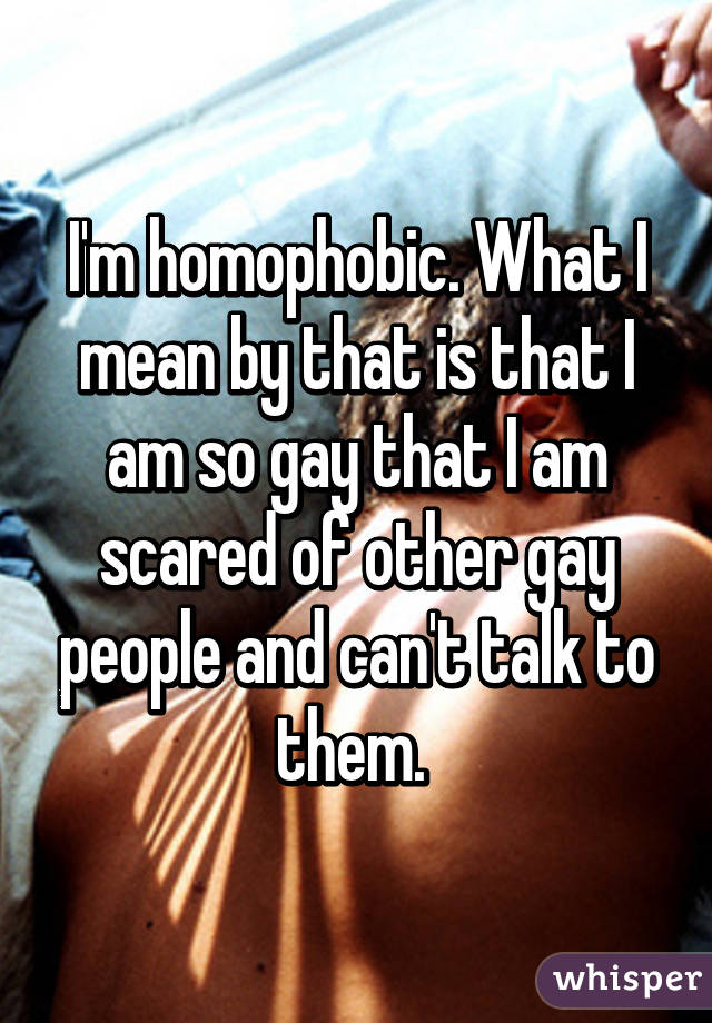I'm homophobic. What I mean by that is that I am so gay that I am scared of other gay people and can't talk to them. 