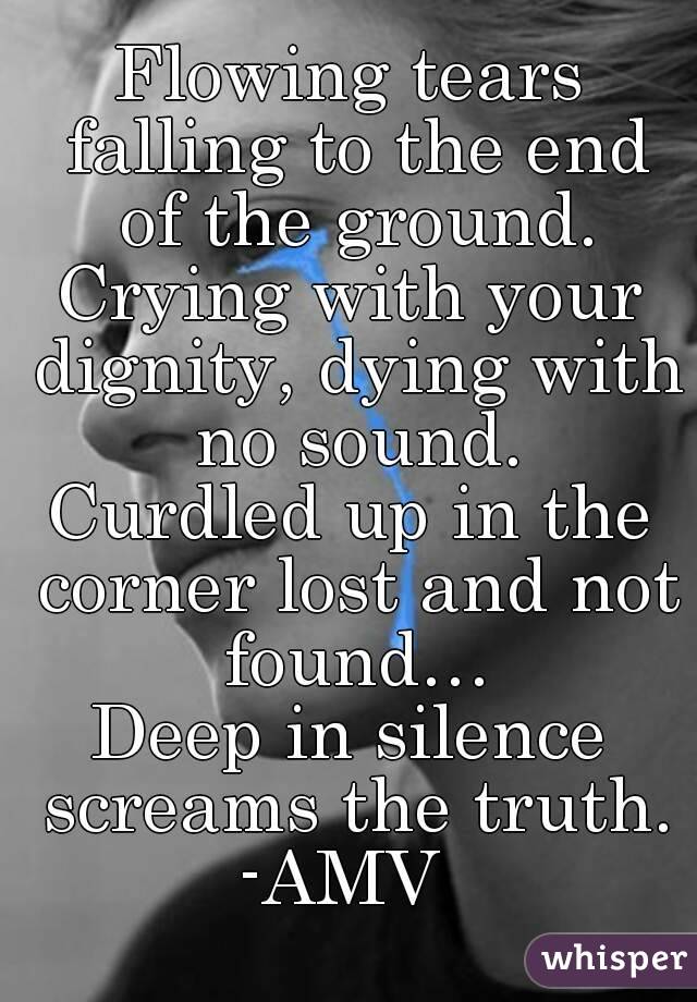 Flowing tears falling to the end of the ground.
Crying with your dignity, dying with no sound.
Curdled up in the corner lost and not found…
Deep in silence screams the truth.
-AMV 