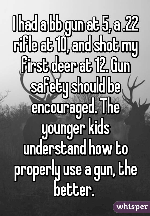 I had a bb gun at 5, a .22 rifle at 10, and shot my first deer at 12. Gun safety should be encouraged. The younger kids understand how to properly use a gun, the better. 