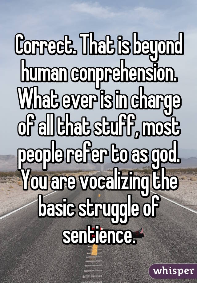Correct. That is beyond human conprehension.
What ever is in charge of all that stuff, most people refer to as god.
You are vocalizing the basic struggle of sentience.