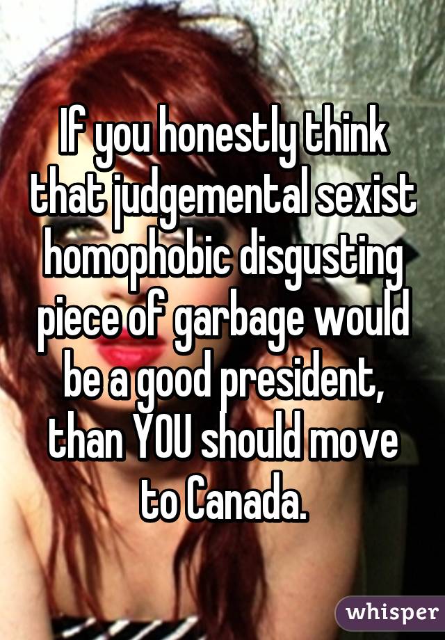 If you honestly think that judgemental sexist homophobic disgusting piece of garbage would be a good president, than YOU should move to Canada.