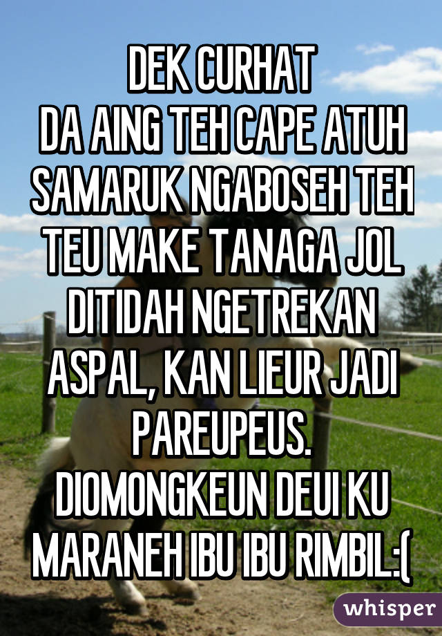 DEK CURHAT
DA AING TEH CAPE ATUH SAMARUK NGABOSEH TEH TEU MAKE TANAGA JOL DITIDAH NGETREKAN ASPAL, KAN LIEUR JADI PAREUPEUS. DIOMONGKEUN DEUI KU MARANEH IBU IBU RIMBIL:(