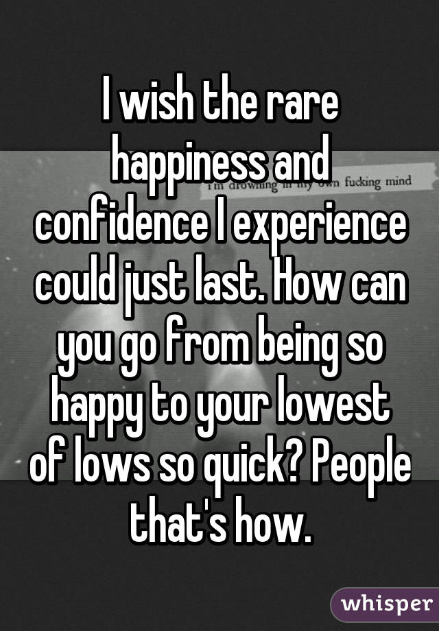 I wish the rare happiness and confidence I experience could just last. How can you go from being so happy to your lowest of lows so quick? People that's how.