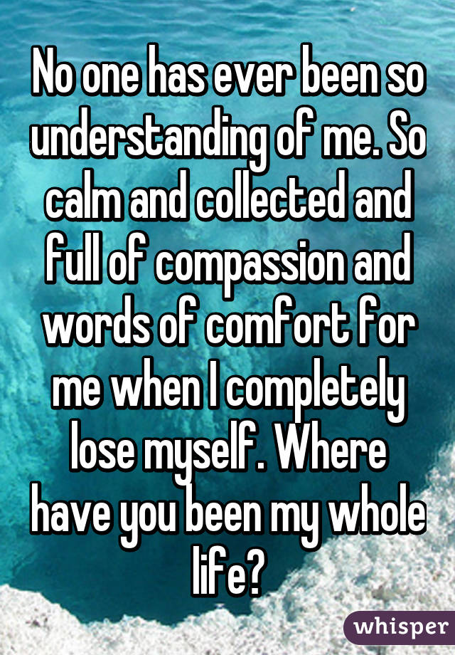 No one has ever been so understanding of me. So calm and collected and full of compassion and words of comfort for me when I completely lose myself. Where have you been my whole life?