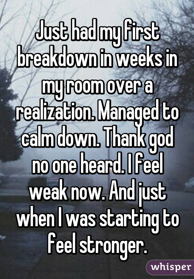 Just had my first breakdown in weeks in my room over a realization. Managed to calm down. Thank god no one heard. I feel weak now. And just when I was starting to feel stronger.
